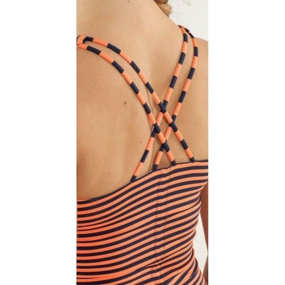 Lululemon Free To Be Tank Top Size 4 Orange‎ Navy Stripes Shelf Bra Luon - Picture 6 of 8